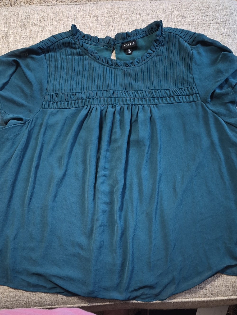 Torrid Green Pintuck Ruffle Yoke Blouse